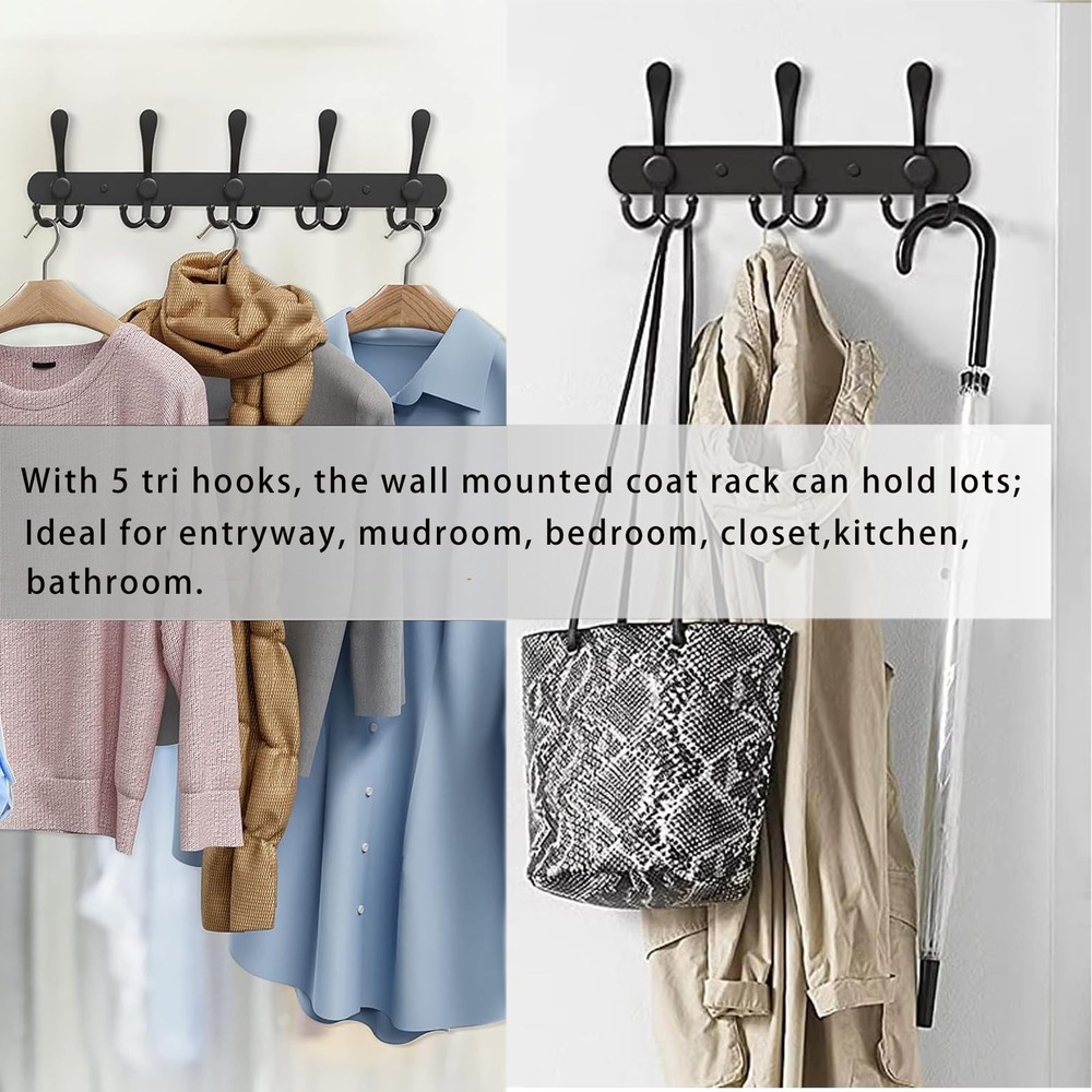 2-Pack Coat Rack Wall Mounted – Space-Saving Wall Clothes Rack, 5 Tri Hooks, ...