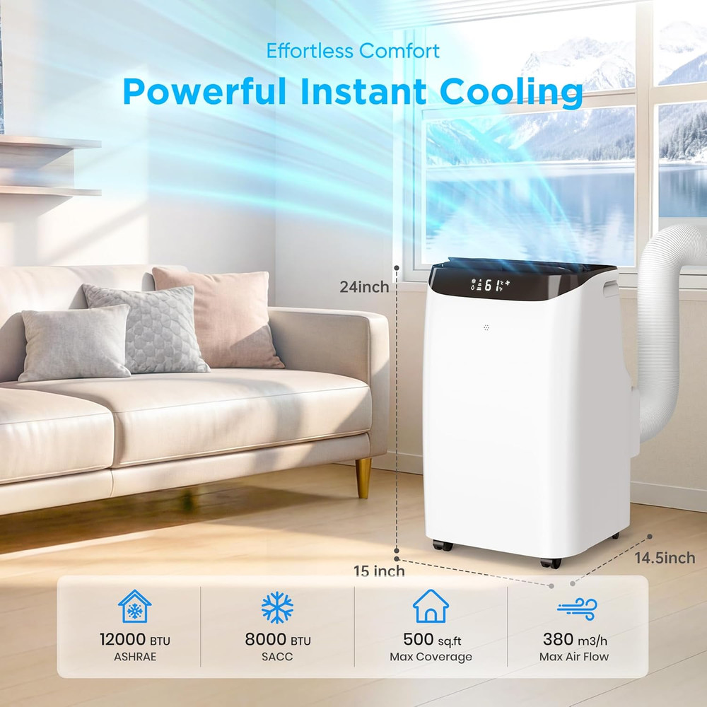 12,000 BTU Portable Air Conditioner Cools up to 500 Sq.Ft, 3-IN-1 Energy Efficie