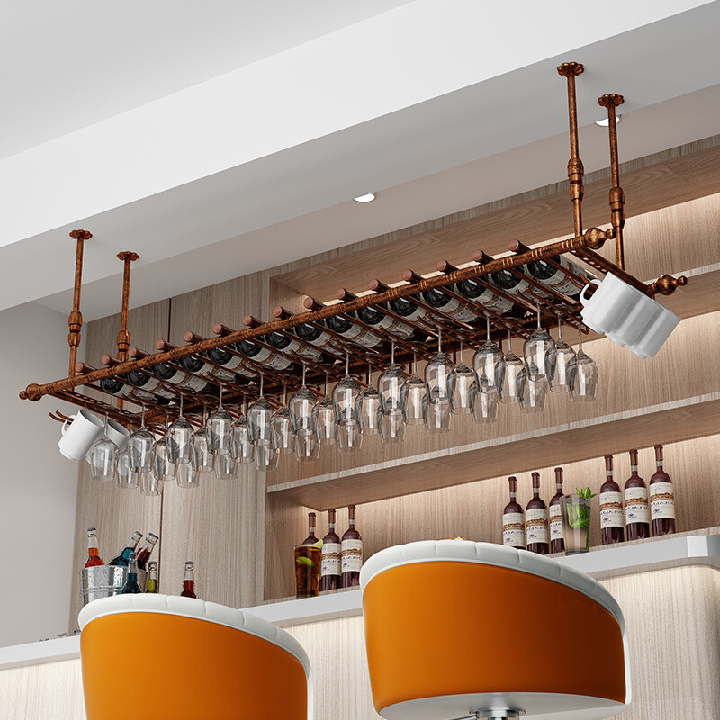 Rustic Wine Rack Wall Mounted with Cup Holder,Ceiling Mounted Adjustable Shelf