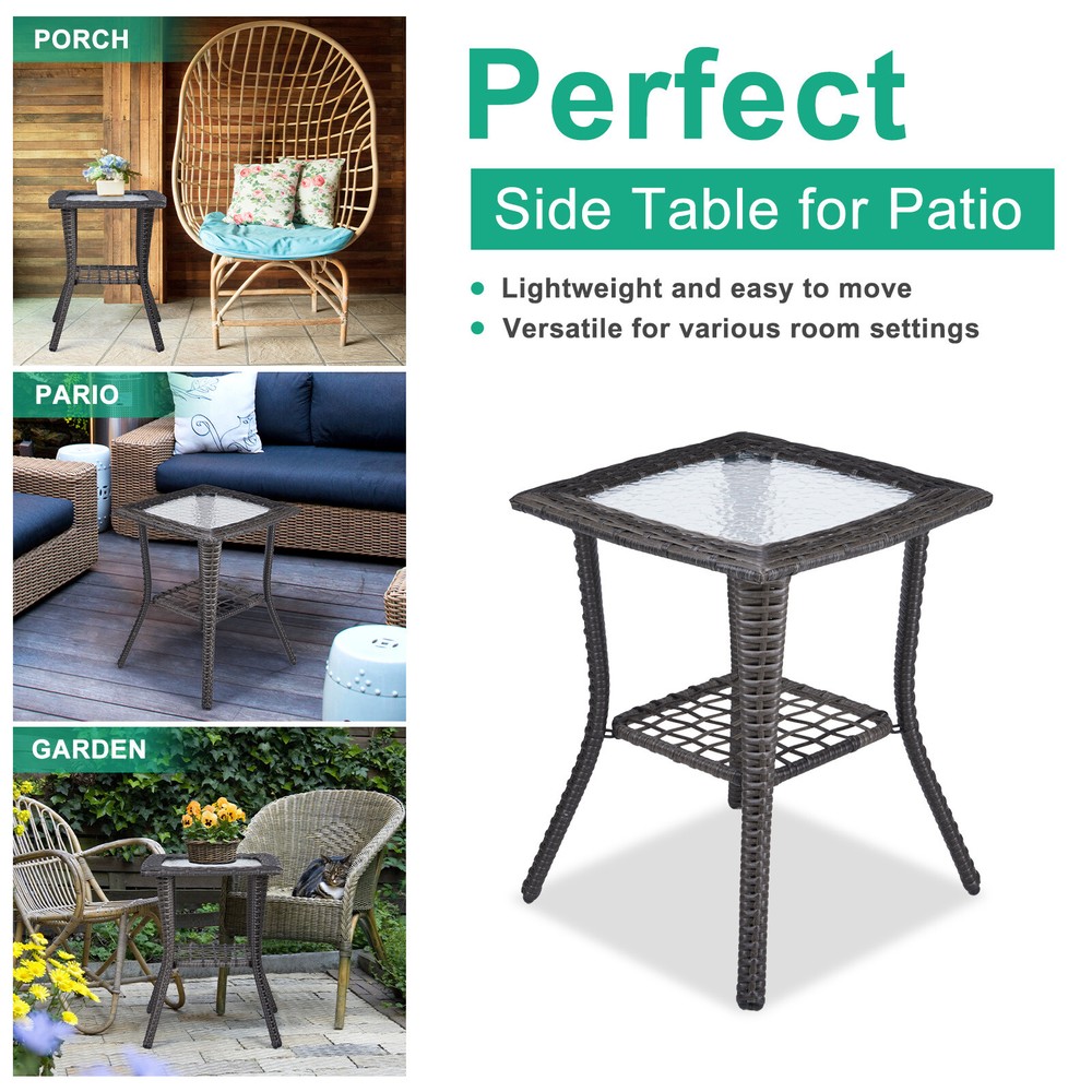Outdoor Grey Wicker Side Table Rattan Square Side Table Courtyard Coffee Bistro