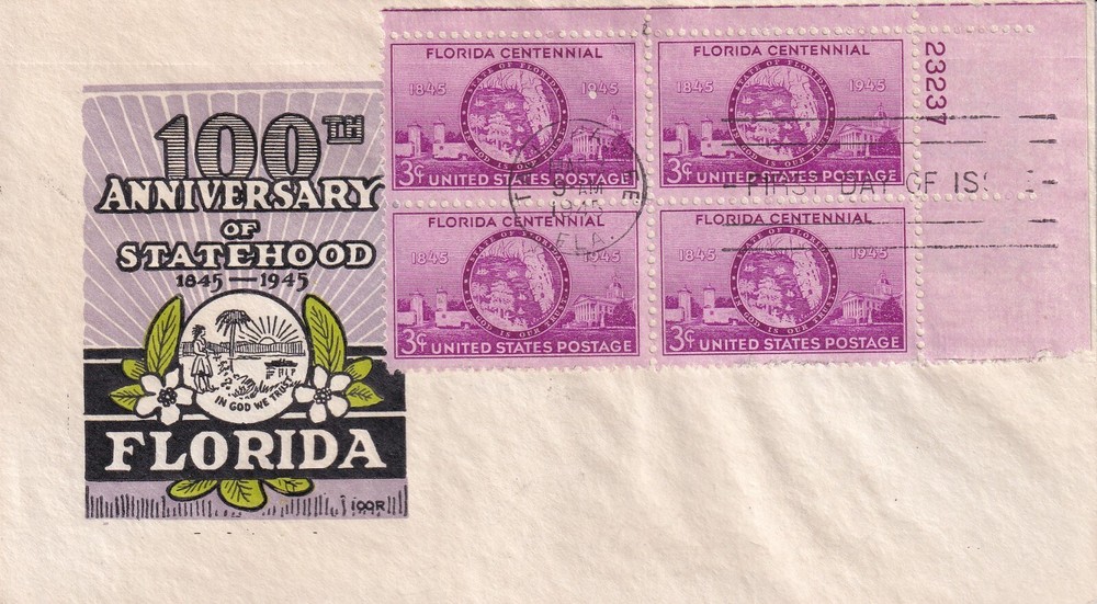 SCOTT 927 FLORIDA CENTENNIAL PLATE BLOCK FIRST DAY COVER FDC