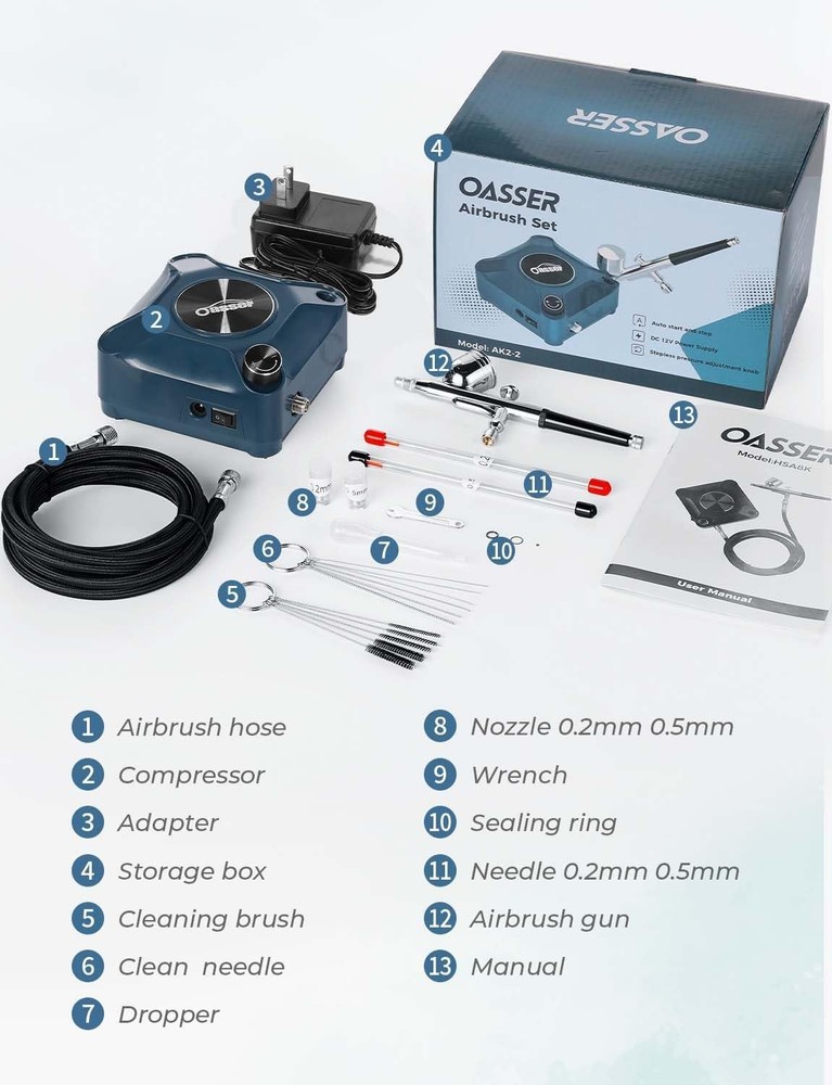 Efficient Airbrush Kit with Compressor, Three Nozzle Sizes, Lightweight Design
