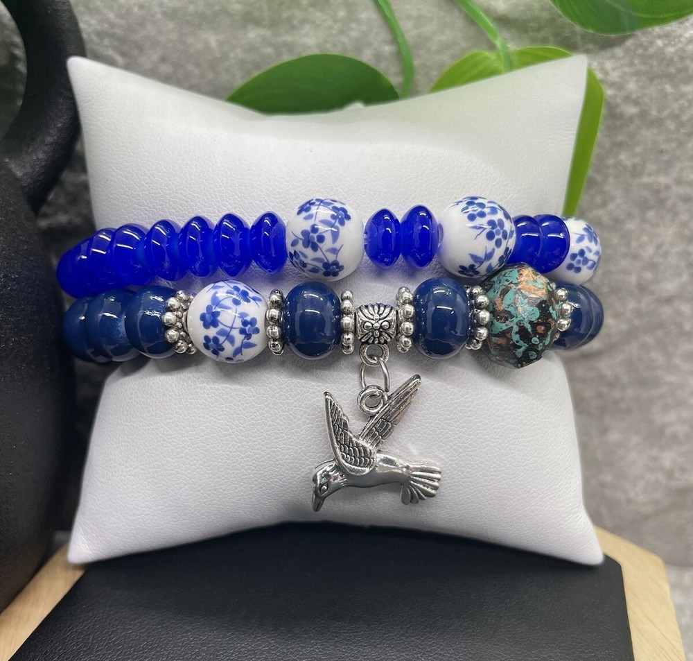 2 PC Handmade Boho Beaded Stackable 7” Plus Stretch Bracelet Set New B1365