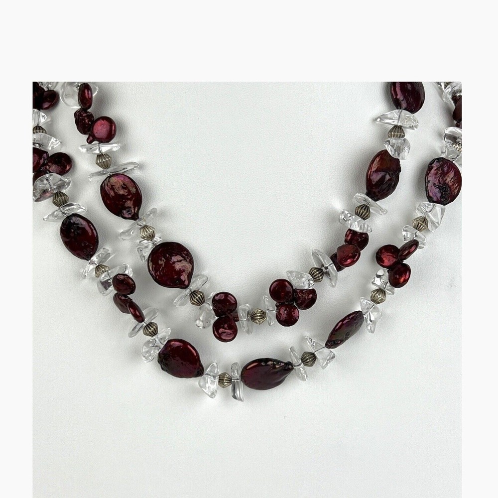 Artisan Beaded Boho Necklace Double Strand Quartz Dyed Red Shell Statement