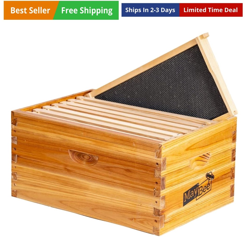 8-Frame Beehive Box Langstroth Deep Brood Box Dipped in 100% Beeswax Includes...