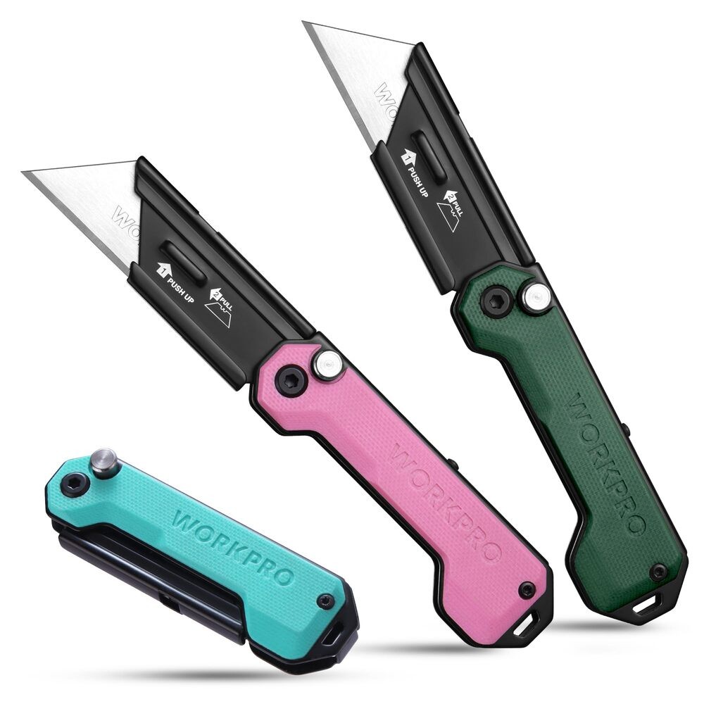 WORKPRO 3PCS Folding Utility Knife Quick Change Blade Box Cutter G10 Handle Axis