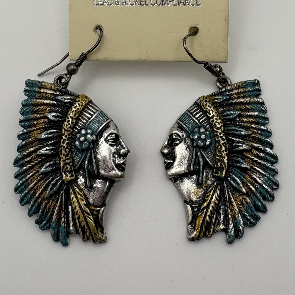 DaVinci Southwestern Native Chief Head Earrings Silver Tone Drop