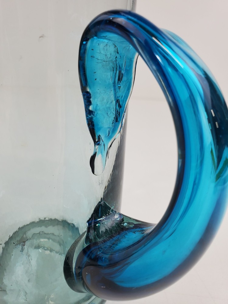 Handblown Tall Blue Heavy Glass Pitcher