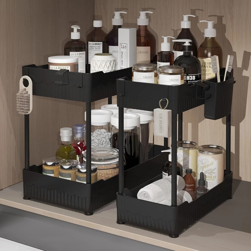 2 Pack Under Sink Organizer 2 Tier Sliding Drawer Storage Rack Kitchen Bath