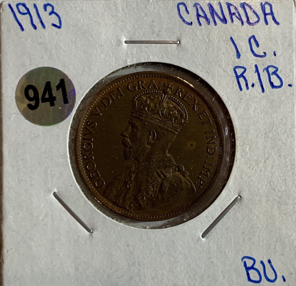 💥1913 CANADA ONE CENT COPPER COIN, UNC⭐