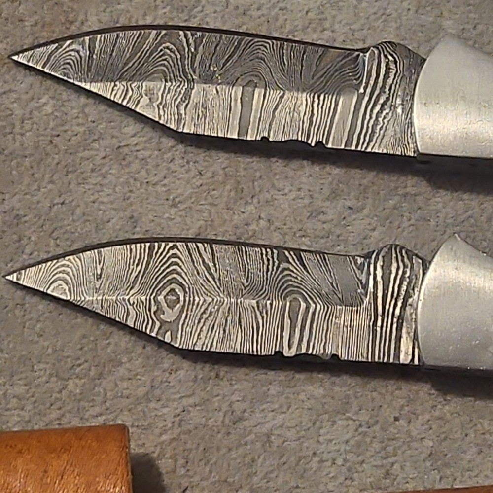 3 Damascus Folding Pocketknives Blue Bone Handle
