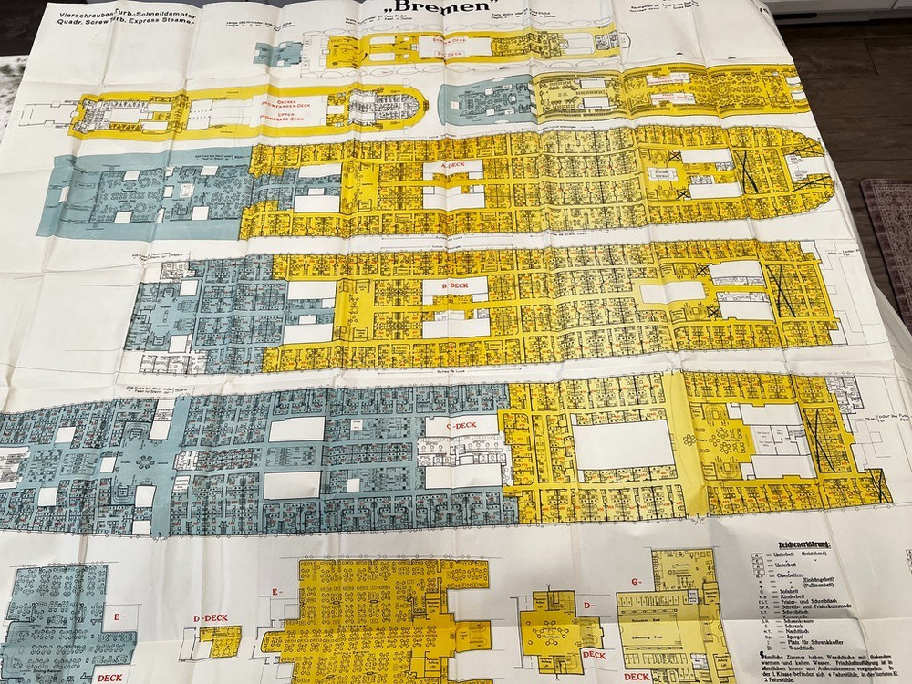 Vintage 1934 North German Lloyd BREMEN First & Second Class Deck Plan