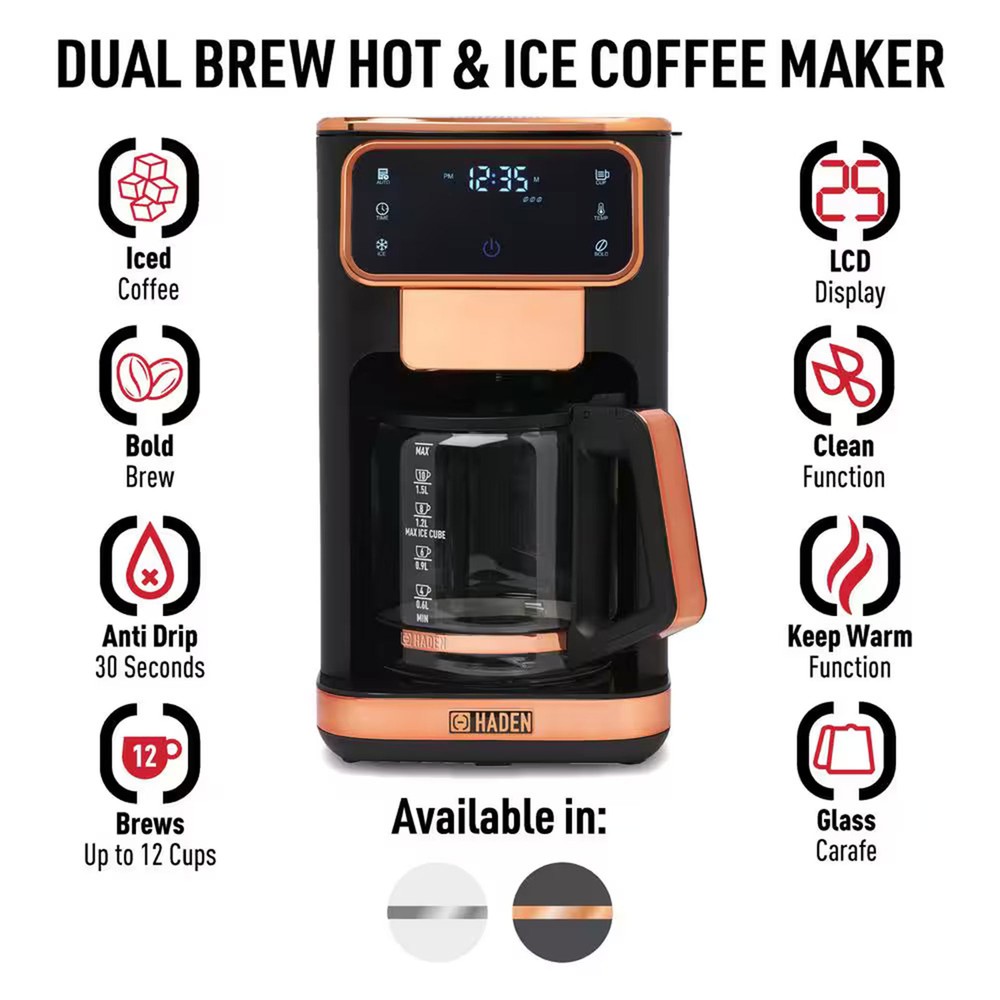 Haden Dual Brew 12 Cup Hot & Ice Programmable Digital Coffee Maker, Black/Copper