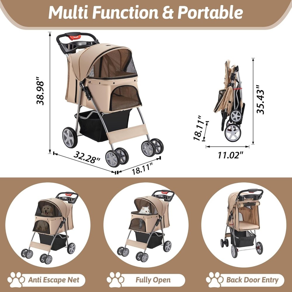 Foldable Pet Stroller 4 Wheels Strolling Cart for Medium/Small Dogs Cats