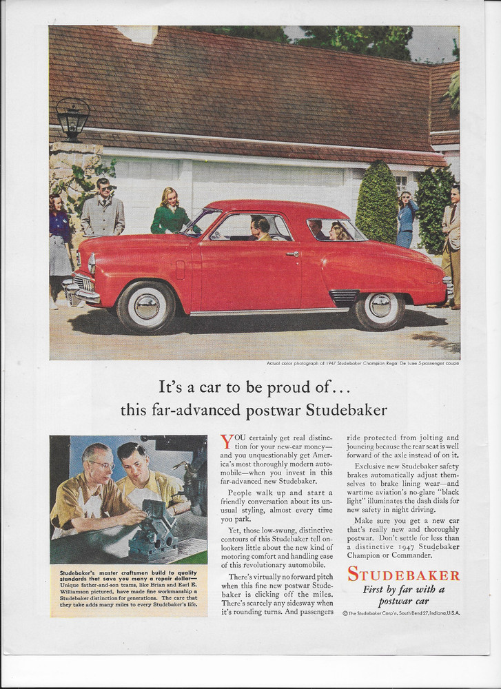 1947  STUDEBAKER CHAMPION REGAL DeLUXE COUPE AD --
