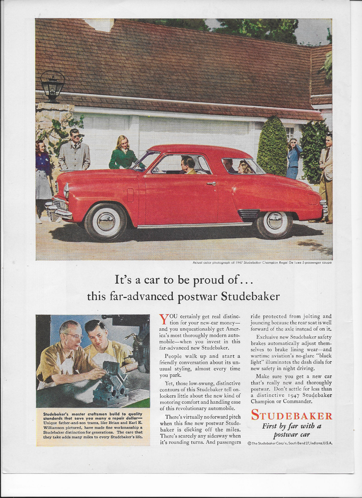 1947 STUDEBAKER CHAMPION REGAL DeLUXE COUPE AD --