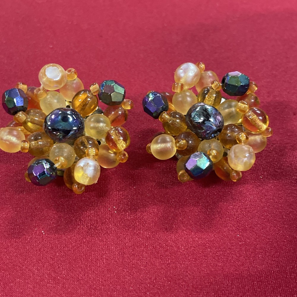 Western Germany Blue & Orange Beaded Stud Clip On Earrings