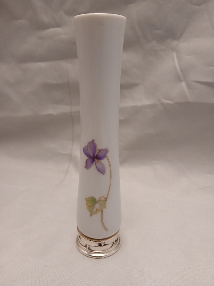 White Ceramic With Violets Bud Vasr W/ Mental Base