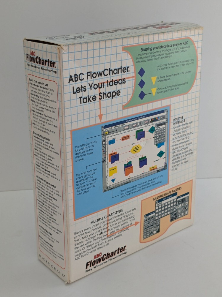 MicroGrafx ABC FlowCharter 2.0 Software 3.5 Disk For PC Windows BIG BOX VTG