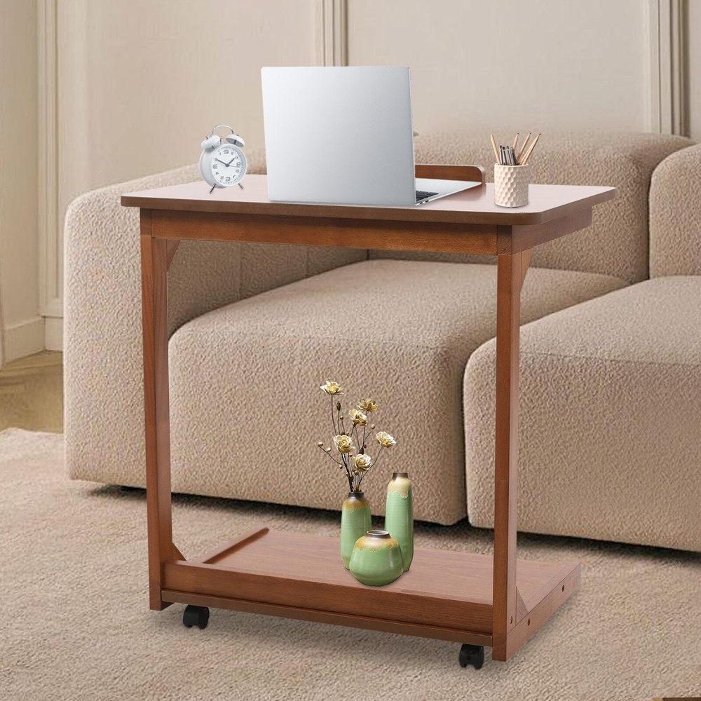 C-Shaped End Table with 4 Wheels, Adjustable Height, Modern Design