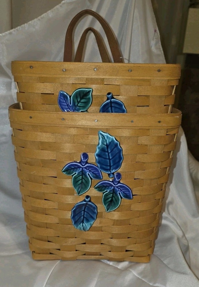 LANGABERGER 2-BASKETS THIN MAPLE W/CERAMIC(ADED)DECOR &PLASTIC LINER 2000 USA