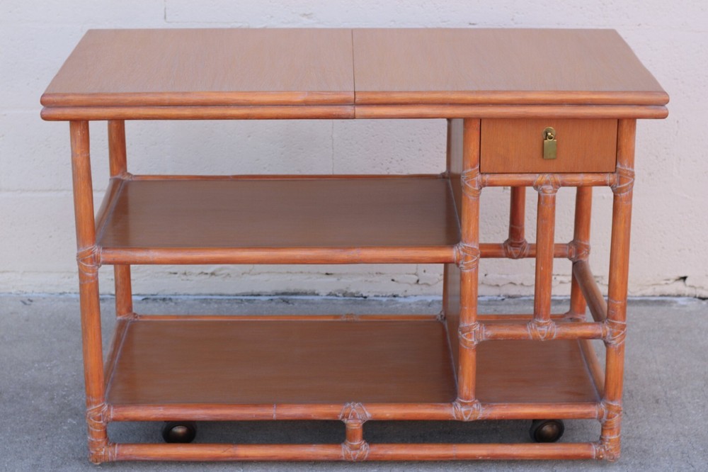 Authentic Marked McGuire Bamboo Rattan Rolling Sliding Adjustable Top Server MCM