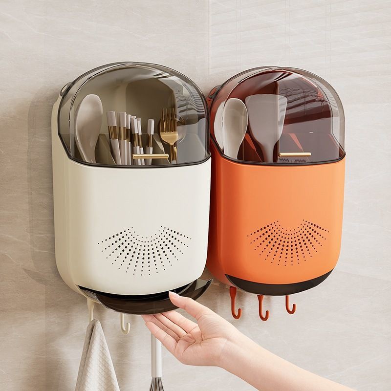 Kitchen Cutlery Storage Box Wall Mount Tableware Storage Holder With Lid Organiz