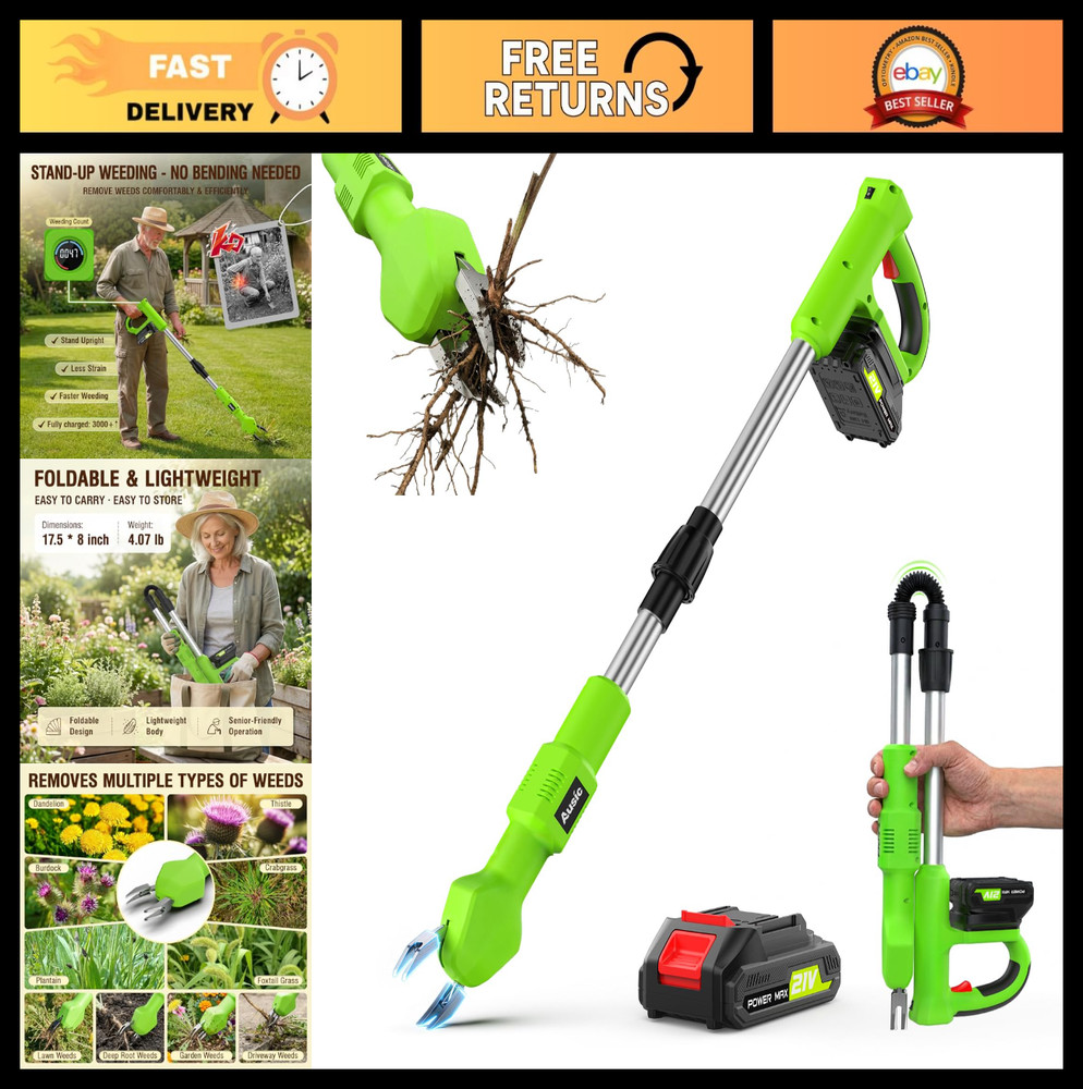 Electric Weed Puller Tool - Stand Up Weeding Tool, Long Handle, 3000+ Weeds, Gar
