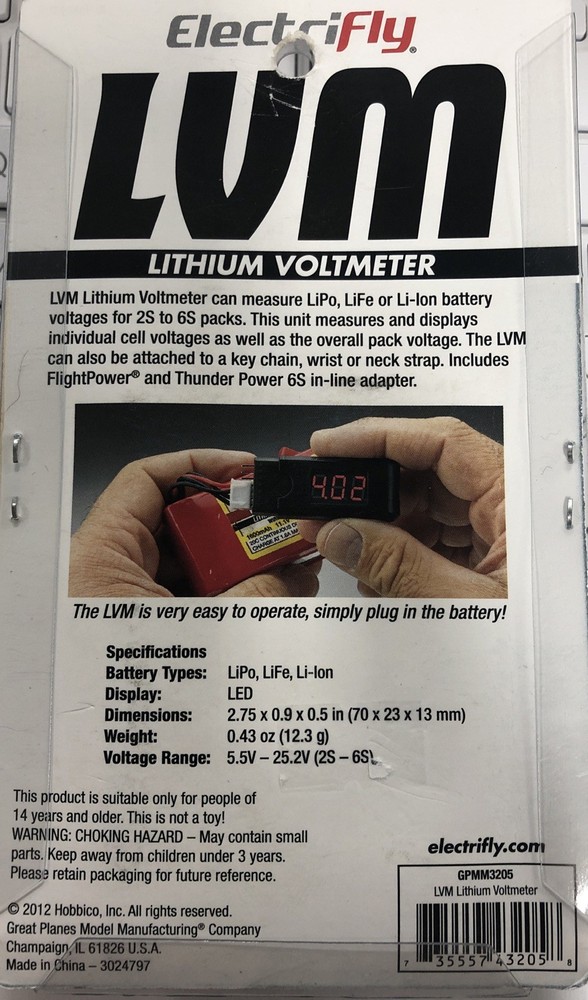 Great Planes ElectriFly GPMM3205 LVM Lithium Voltmeter •