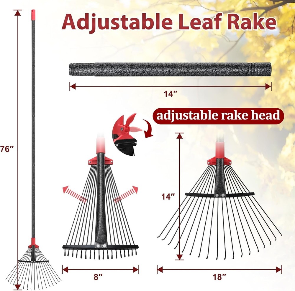 Versatile 76-Inch Garden Rake with 18 Adjustable Tines - Effortless Yard Work