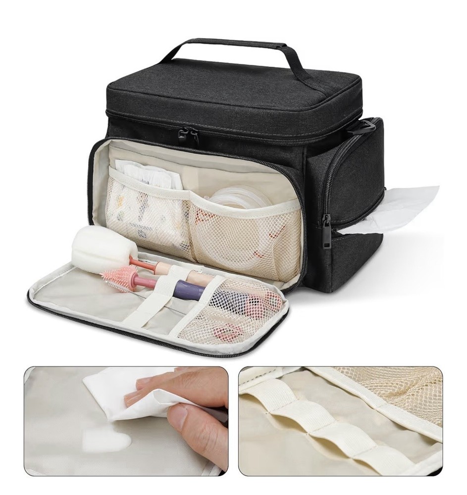 Black Breast Pump Accessory Organizer Bag, Removable Strap, 14x9x8.8"
