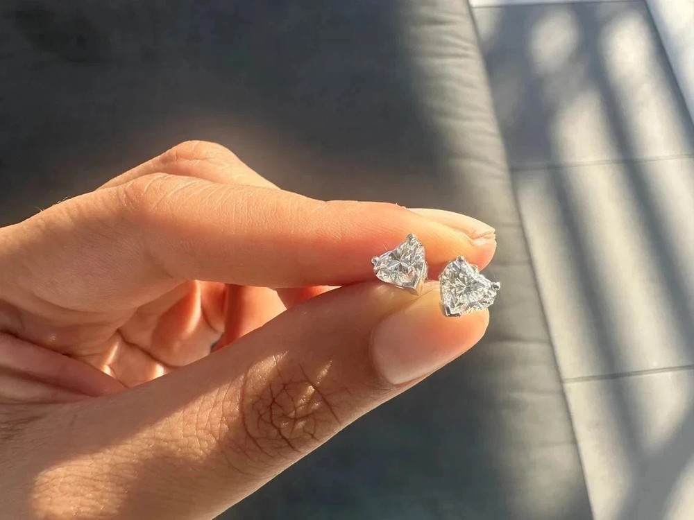 Solitaire Stud Earrings 2CT Heart Cut Lab Created Diamond 14k White Gold Plated