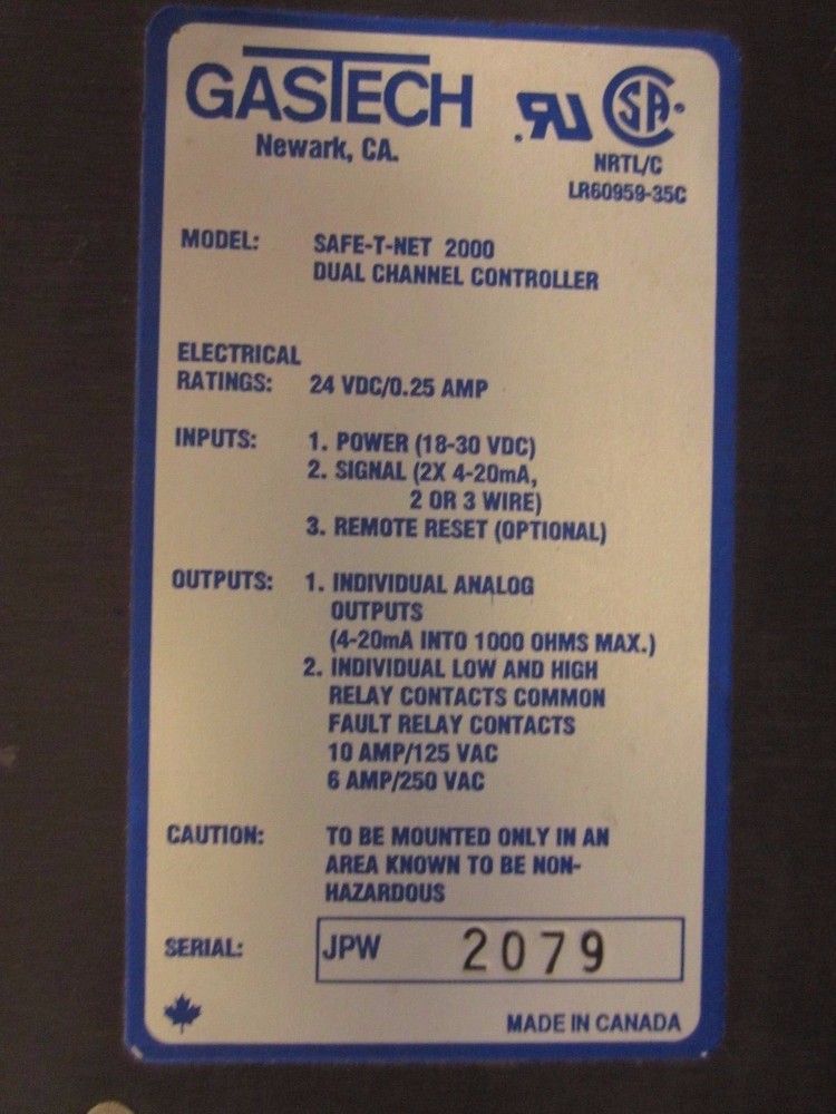 GasTech Safe-T-Net 2000 Dual Channel Controller Module, Used
