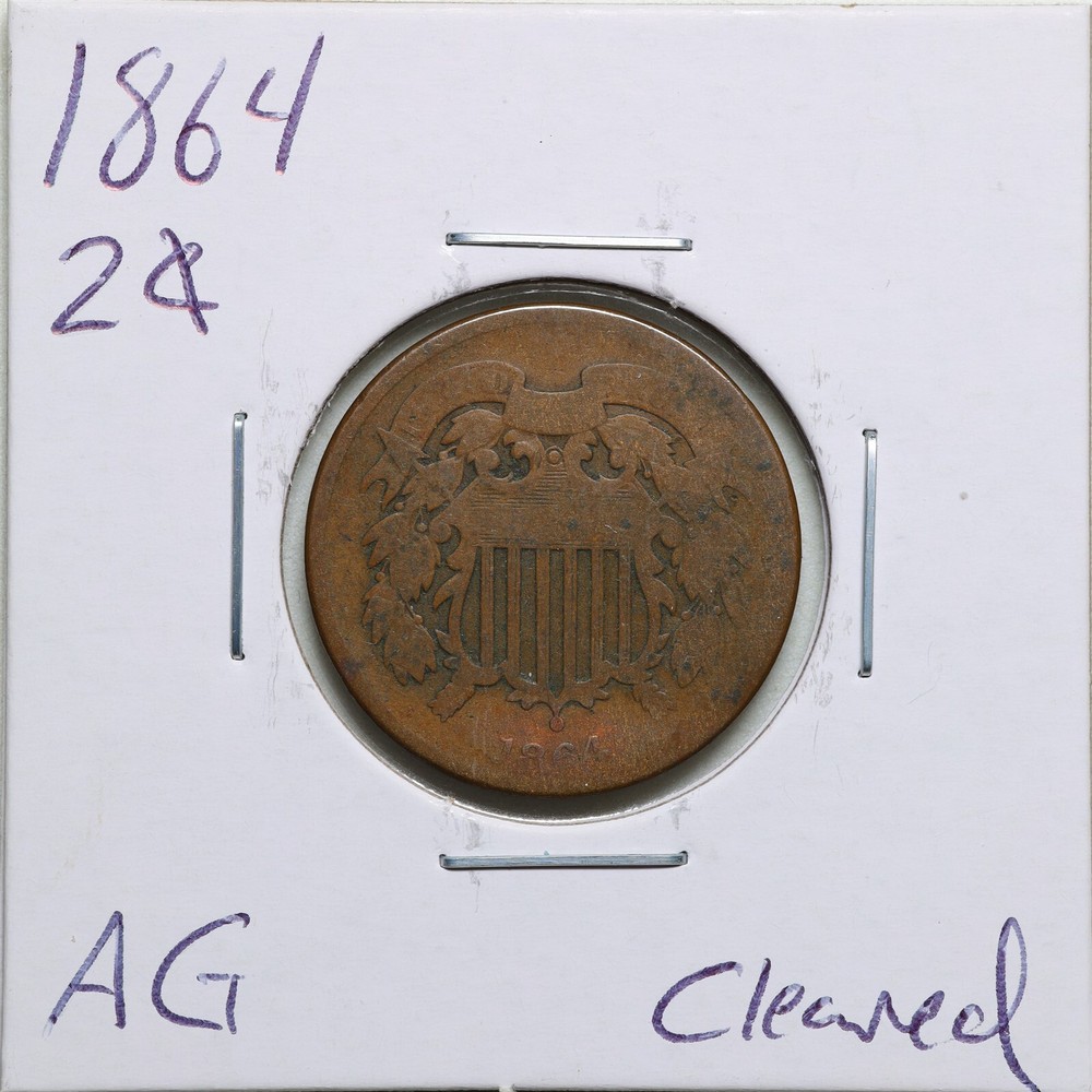 1864 2C Two Cent Piece with AG Detail Cleaned #2884