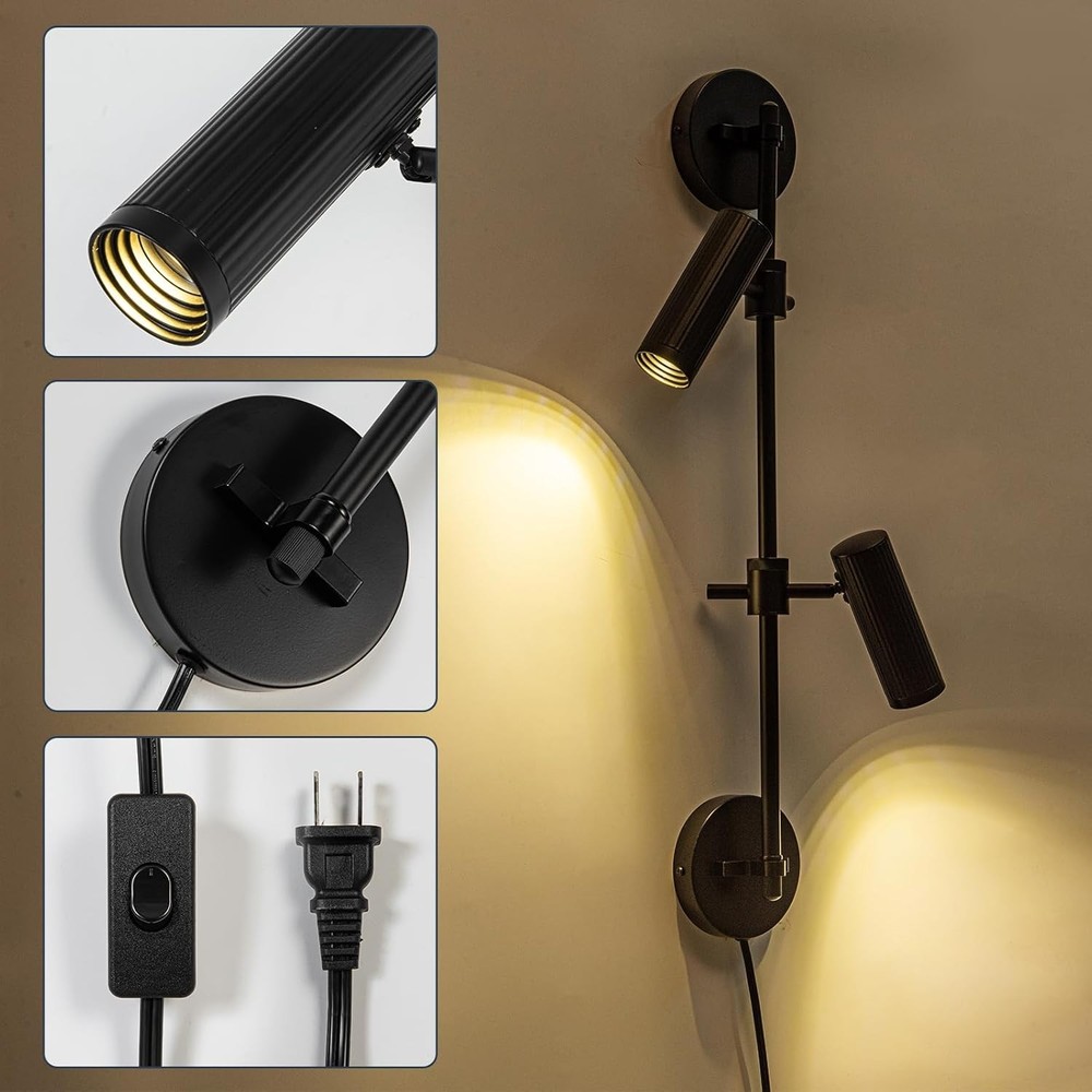 Black Wall Sconce Plug in 2 Lights Rotatable Switch