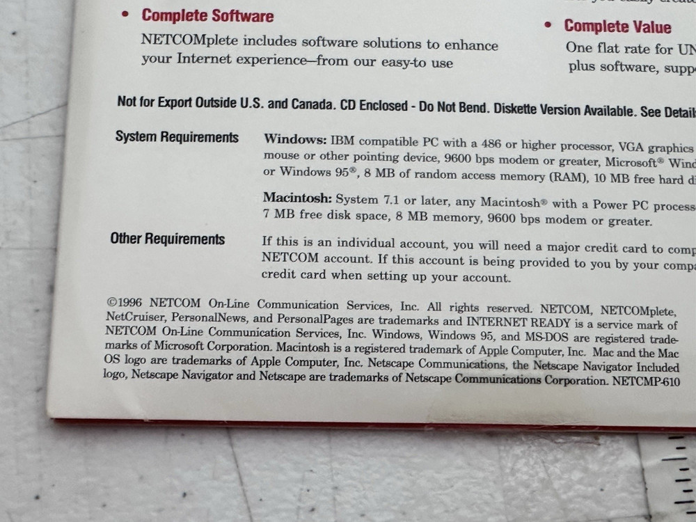 Vtg 1996 NETCOMplete Internet Kit CD-ROM Windows Mac w/Original Mailer NOS ISP