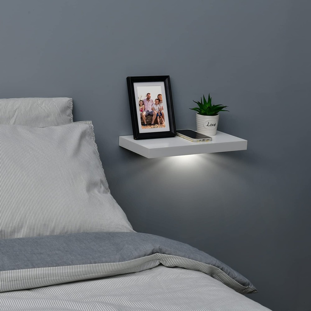WELLAND White Floating Shelf with Motion Sensor Light, Wall Mounted Storage S...