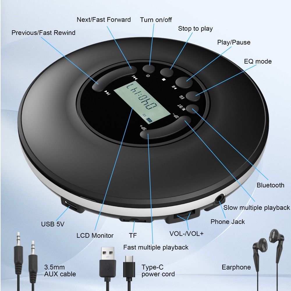 CD Player Portable, Discman with Stereo Earbuds and Bluetooth Output, Anti-Skip