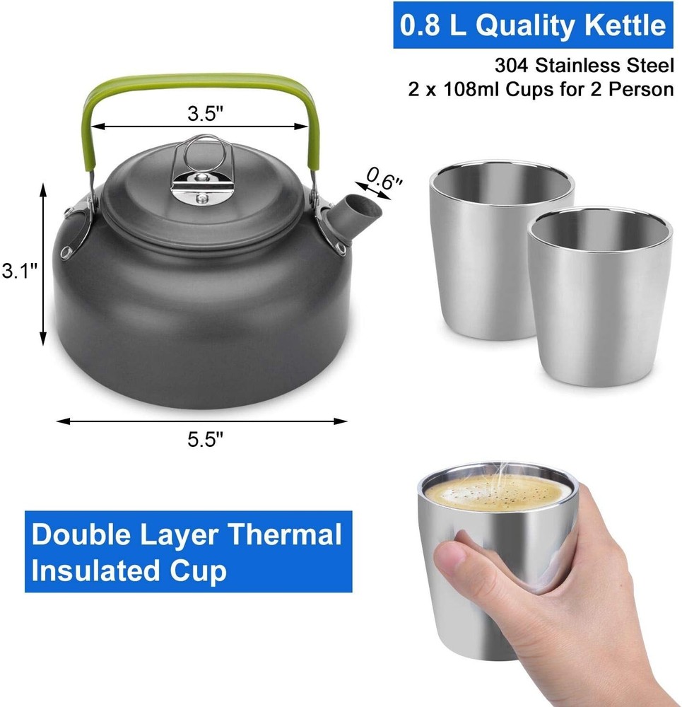 Odoland Camping Cookware Mess Kit, Lightweight Pot Pan Kettle with 2 Cups, Fork