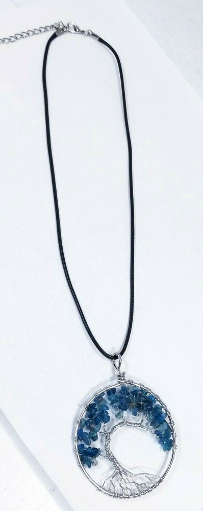 BLUE BEADED 2" WIRE TREE PENDANT 16" NECKLACE