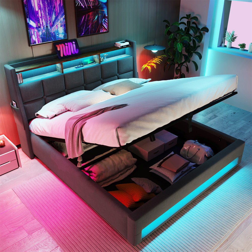 Queen Size LED Bed Frame Upholstered Platform Bed with Hydraulic Storage System