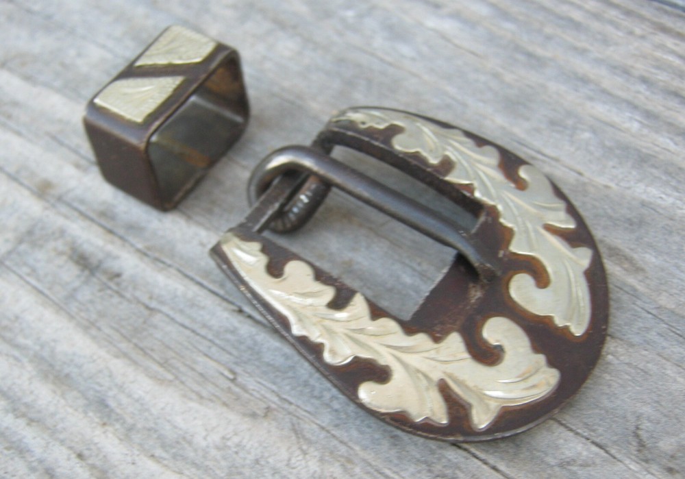 SCRIBNER Brown Iron Engraved Silver Buckle Set 5/8" 28786