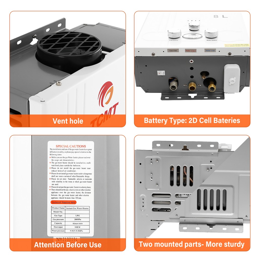 8L Propane Tankless Water Heater Gas LPG On Demand Water Heater Water Boiler