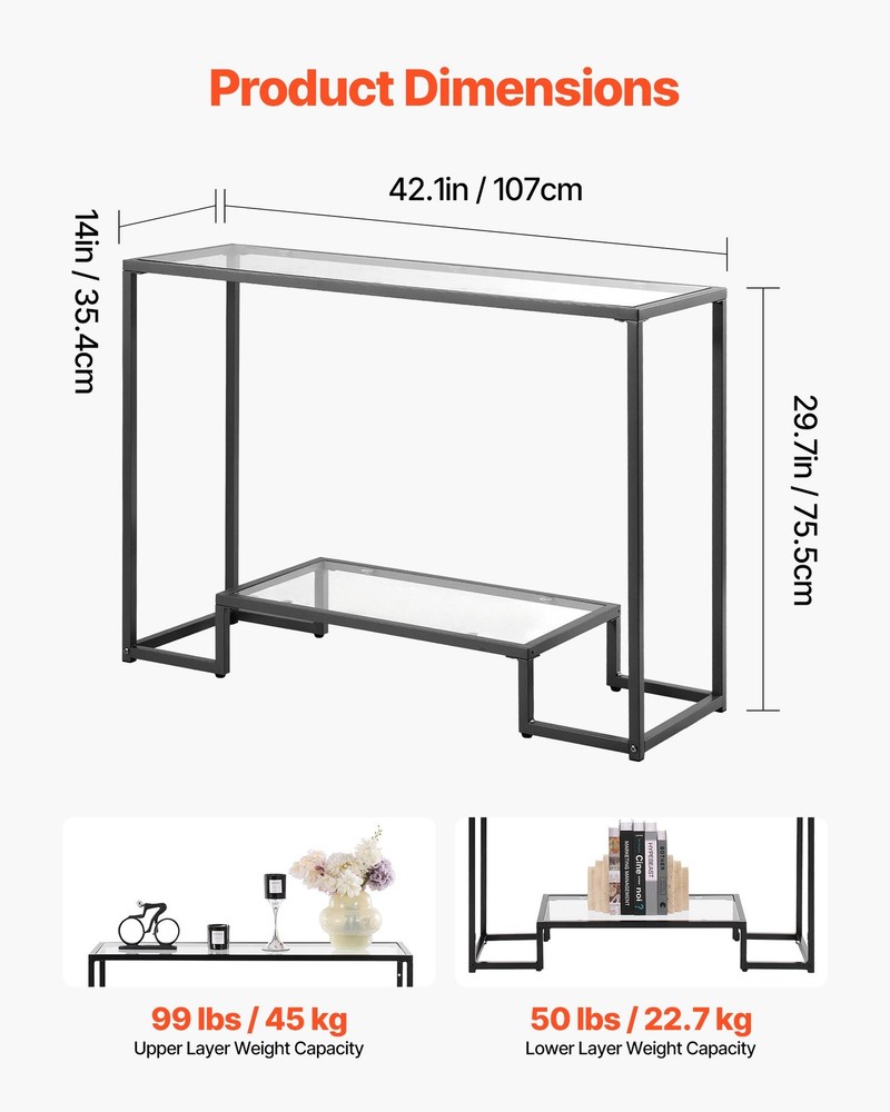 [New]2-Tier Glass Console Table,Modern Rectangle Sofa Side Table w/Tempered Glas