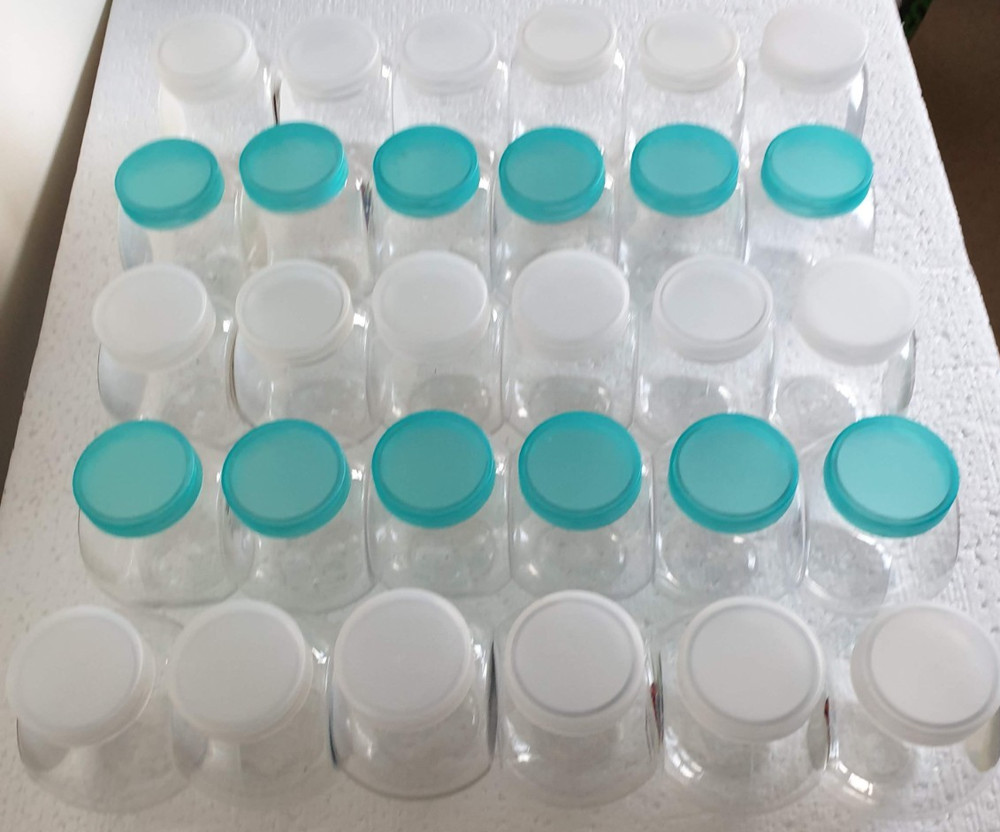 50 Small Clear Round EMPTY Plastic Bottles with lids Props Display ReUse
