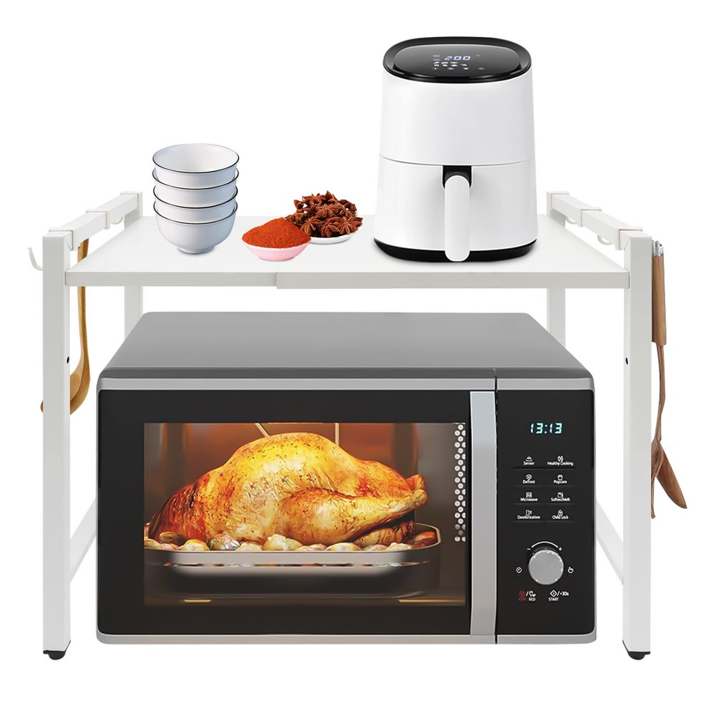 Extendable Microwave Oven Rack, 2-Tiers Adjustable Microwave Stand White Shelf