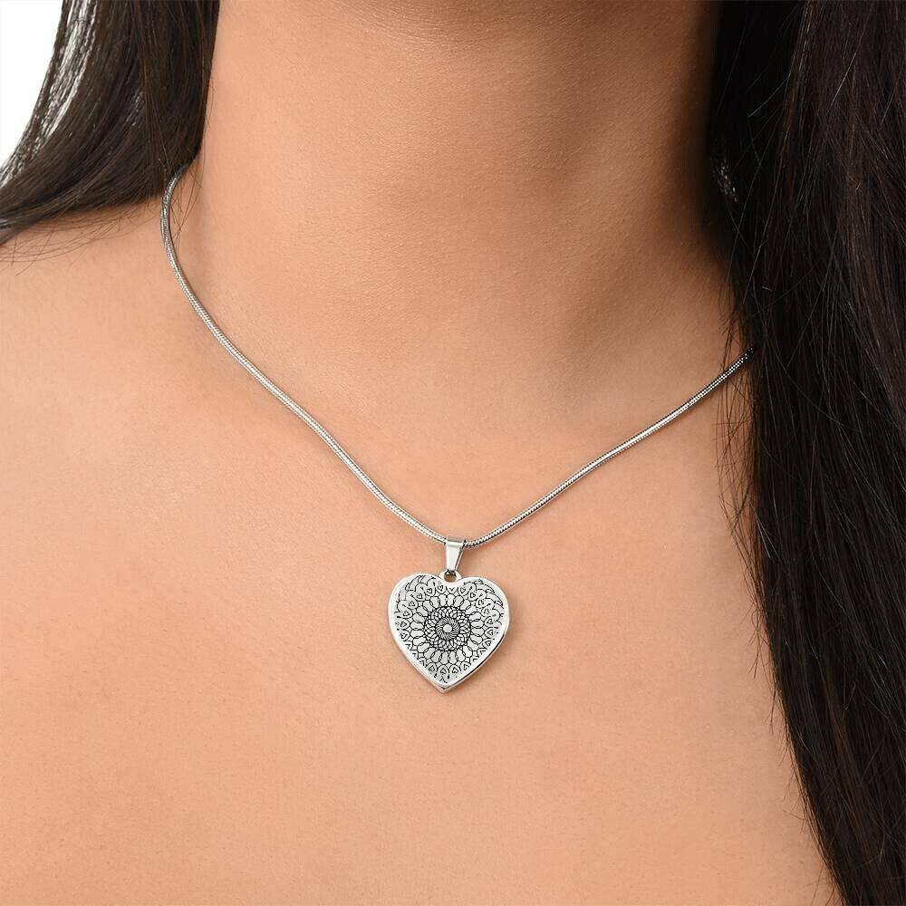 Graphic Heart Pendant + Necklace - Round Mandala Pattern