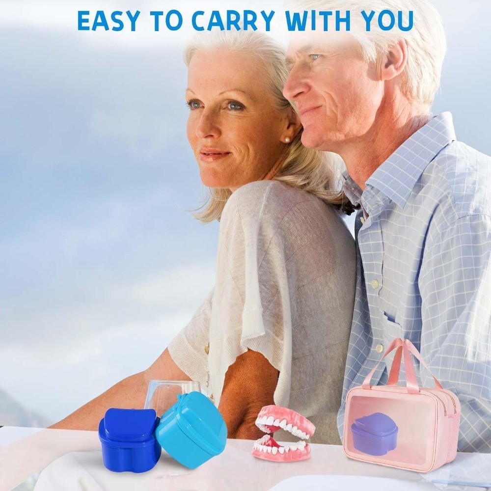 2 Pack Colors Denture Bath Case Cup Box Holder Storage Soak Container with St...