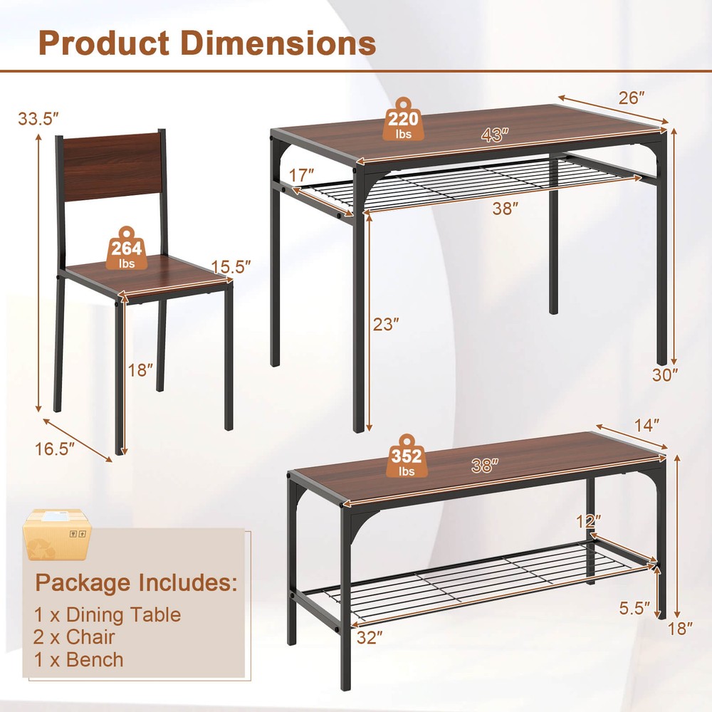 Dining Table Set for 4 Rectangular Table w/ 2 Chairs, 1 Bench, Storage Racks