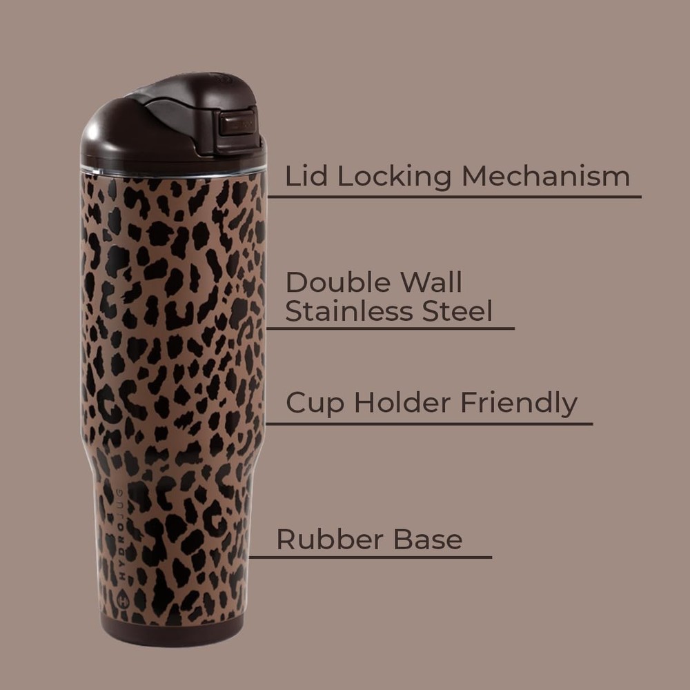 32oz Ease2o Brown Leopard Water Bottle: Straw & Chug Lid for Active Hydration